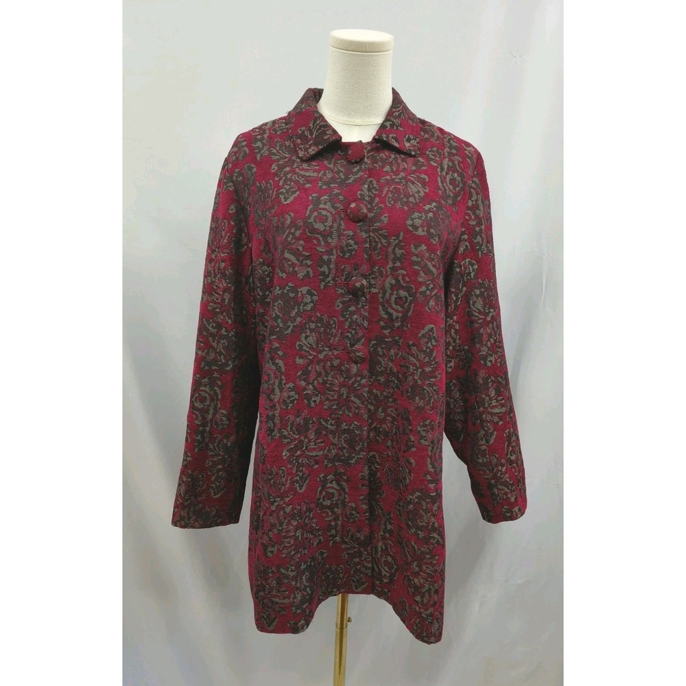 Vintage Chico's Jacket Tapestry 90s Floral Red Black Swing Cut Boho Art Sz 2 - L